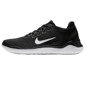Nike Free Run 2018 shoes feature a black mesh upper with a prominent white Swoosh logo, offering flexibility and lightweight comfort. They have a rounded lace system and a white cushioned sole for enhanced natural movement.