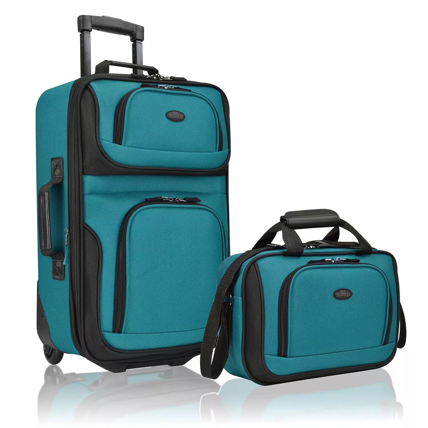 A teal luggage set consisting of an upright rolling suitcase and a smaller carry-on bag with handles and a shoulder strap, both featuring multiple zippered compartments.