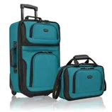 A teal luggage set consisting of an upright rolling suitcase and a smaller carry-on bag with handles and a shoulder strap, both featuring multiple zippered compartments.