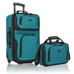 A teal luggage set consisting of an upright rolling suitcase and a smaller carry-on bag with handles and a shoulder strap, both featuring multiple zippered compartments.