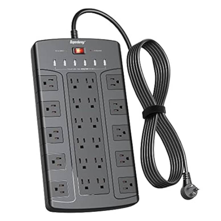 22-outlet surge protector with a long, black cord and flat plug, featuring a power switch and indicator lights for protection and grounding.