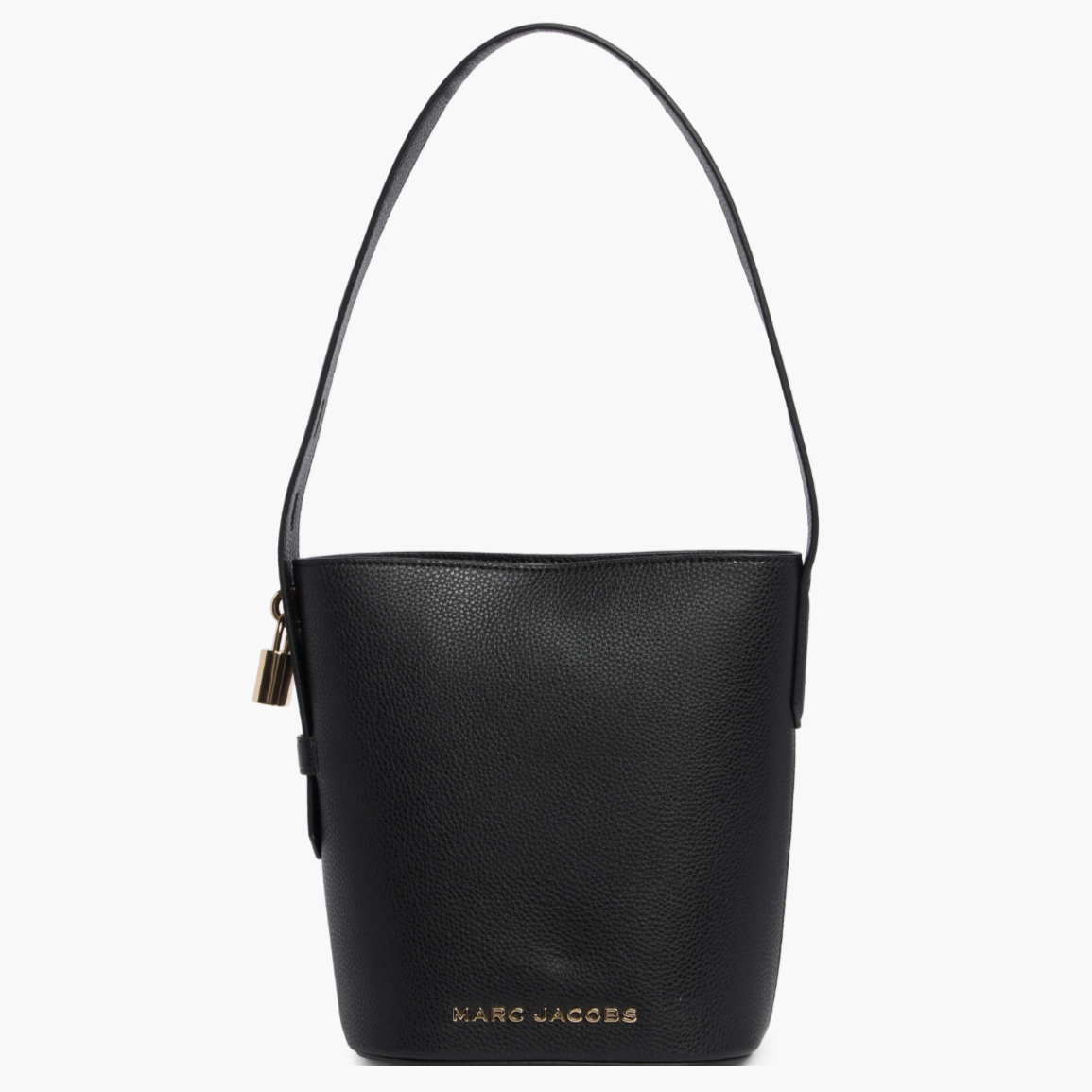 Black leather bucket bag with a top handle, gold-tone padlock, and \“Marc Jacobs\“ logo at the bottom.