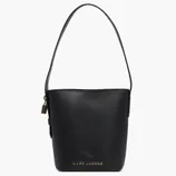Black leather bucket bag with a top handle, gold-tone padlock, and \“Marc Jacobs\“ logo at the bottom.