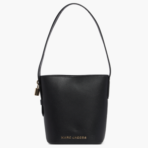 Black leather bucket bag with a top handle, gold-tone padlock, and \“Marc Jacobs\“ logo at the bottom.