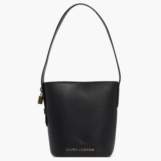 Black leather bucket bag with a top handle, gold-tone padlock, and \“Marc Jacobs\“ logo at the bottom.