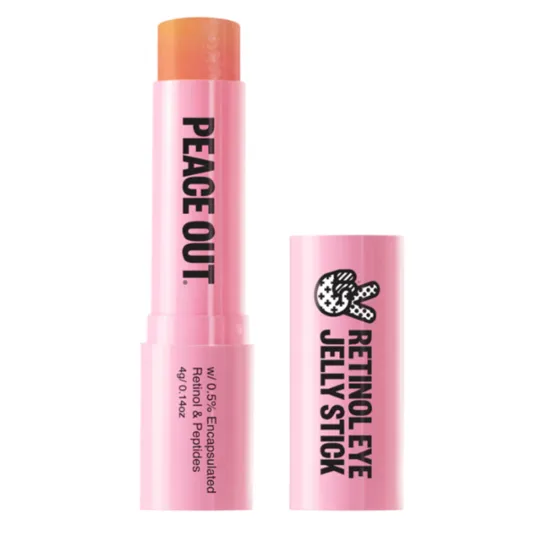 Pink tube labeled \“Peace Out\“ and \“Retinol Eye Jelly Stick\“ with 0.5% encapsulated retinol and peptides, net weight 4g (0.14 oz).