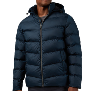 A navy blue puffer jacket with a full zip front and an attached hood.