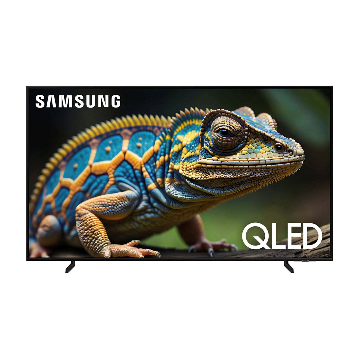 A Samsung QLED TV displaying a highly detailed image of a colorful lizard on the screen, indicating a promotional discount of up to 20% off on these models.
