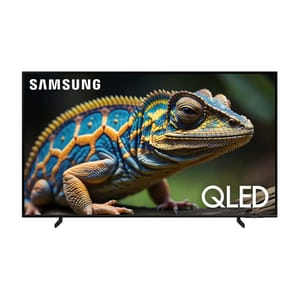 A Samsung QLED TV displaying a highly detailed image of a colorful lizard on the screen, indicating a promotional discount of up to 20% off on these models.