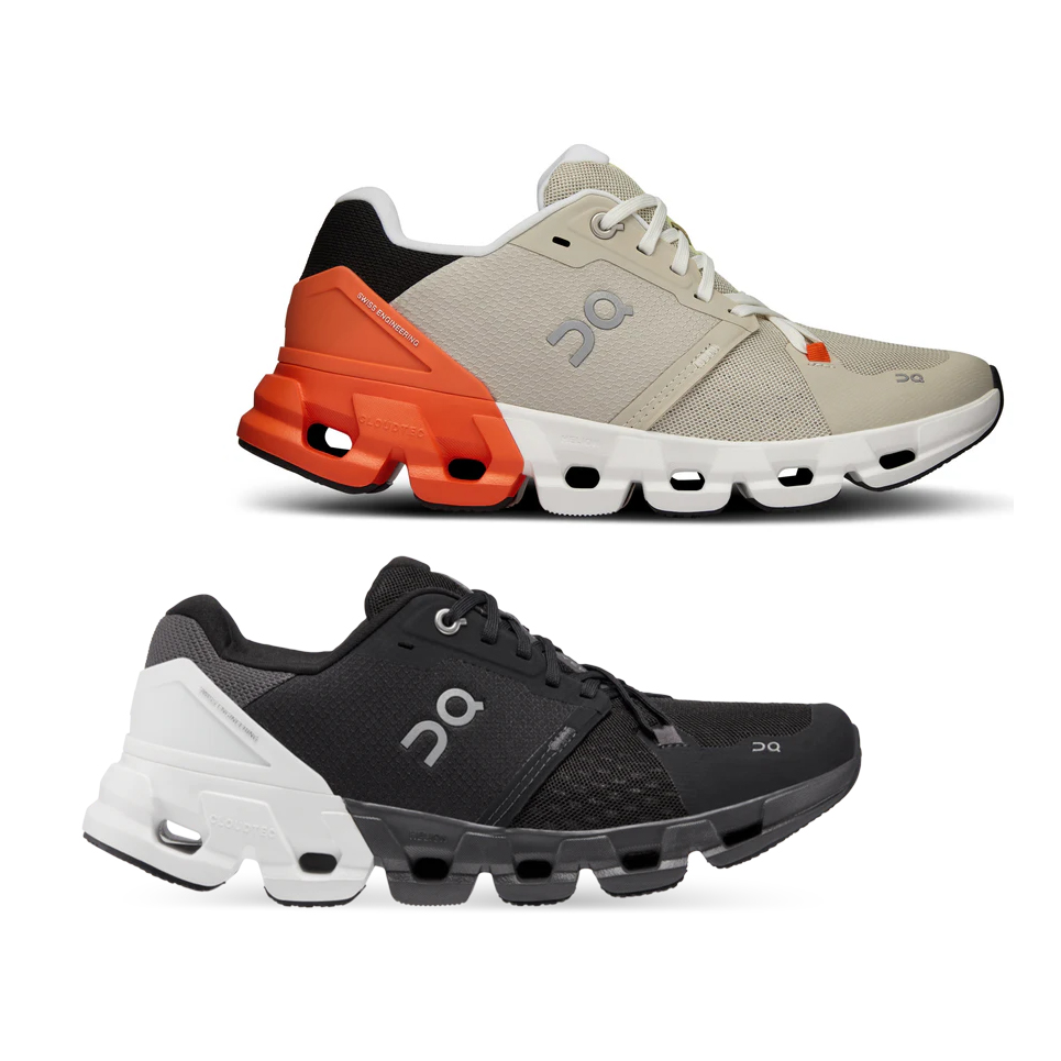 Two pairs of On Cloudmonster running shoes, one in beige and orange, the other in black and white.