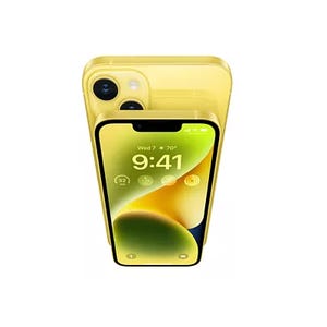 Yellow smartphone with dual cameras and a display showing the time and weather.