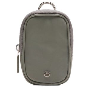A small, gray pouch with a zipper and a loop for easy carrying, featuring the Lululemon logo on the front.