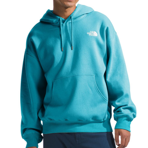 A turquoise North Face Evolution Vintage Hoodie featuring a drawstring hood, front kangaroo pocket, and ribbed cuffs and hem. The North Face logo is visible on the left chest area.