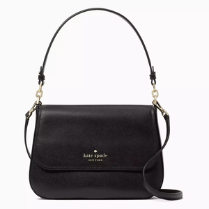 A black leather shoulder bag with a curved flap, gold-tone hardware, and the Kate Spade New York logo embossed on the front. It has an adjustable strap for versatile carrying.