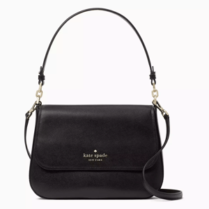 A black leather shoulder bag with a curved flap, gold-tone hardware, and the Kate Spade New York logo embossed on the front. It has an adjustable strap for versatile carrying.