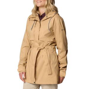 A beige Columbia trench jacket featuring a hood with drawstrings, button closures, and a belted waist for a fitted look. Two large front pockets add functionality and style.
