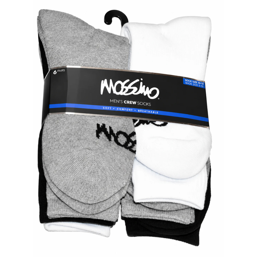 Pack of men's crew socks by Mossimo, featuring six pairs in black, gray, and white. Described as soft, comfortable, and breathable, suitable for sock sizes 10-13 and shoe sizes 6-12.