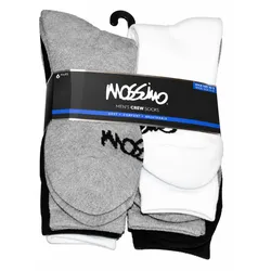 Pack of men's crew socks by Mossimo, featuring six pairs in black, gray, and white. Described as soft, comfortable, and breathable, suitable for sock sizes 10-13 and shoe sizes 6-12.