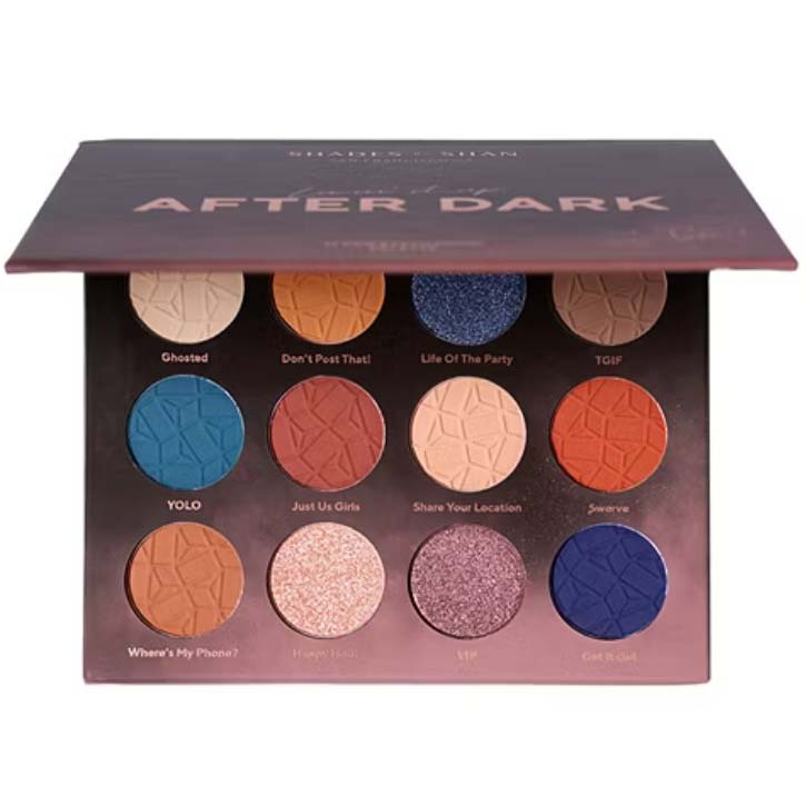 An eyeshadow palette titled \“After Dark\“ by Shades by Shan, featuring 12 colors with names like \“Ghosted,\“ \“YOLO,\“ and \“Swerve.\“