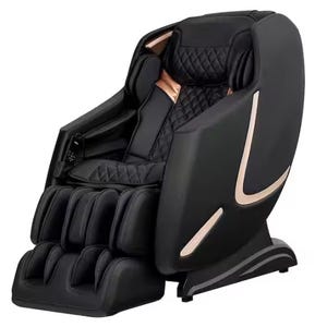 This is a black massage chair with multiple cushioned segments and gold accents.