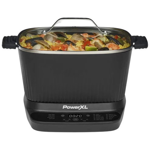 A PowerXL multi-cooker with a digital control panel, featuring a clear lid and handles, filled with a seafood and rice dish.