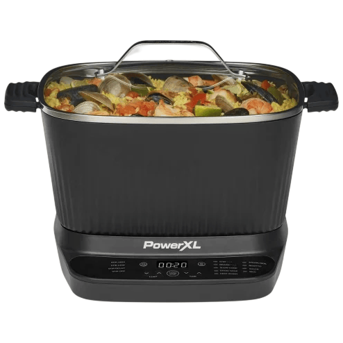 A PowerXL multi-cooker with a digital control panel, featuring a clear lid and handles, filled with a seafood and rice dish.