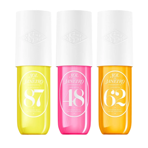 Sol de Janeiro 3pc Vacation Mode Perfume Mist Set includes three fragrances: Cheirosa 87 in yellow, Cheirosa 48 in pink, and Cheirosa 62 in orange, each with a sleek white cap.