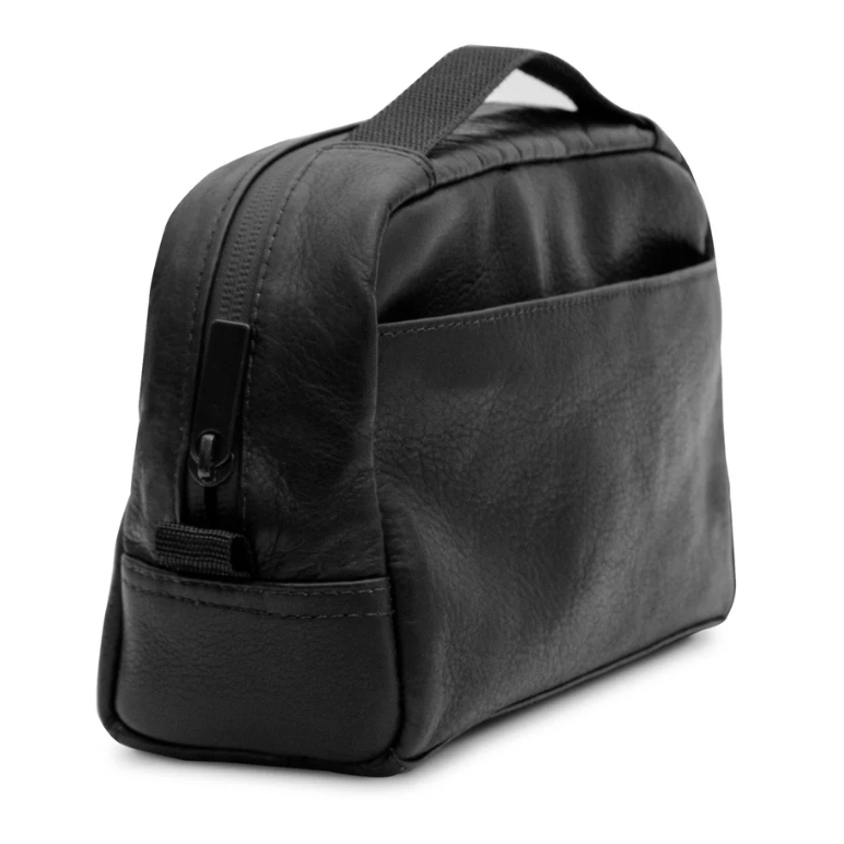 A black leather toiletry bag with a zipper closure and a handle on top.