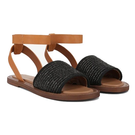 A pair of flat sandals featuring tan ankle straps and black woven toe bands, with a brown sole.