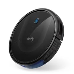 A slim, circular robotic vacuum with a glossy black finish, featuring the Eufy logo and a blue accent around the central button.