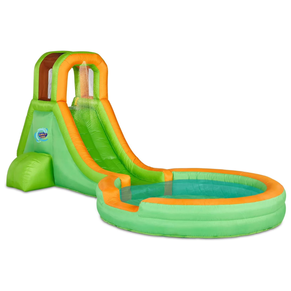 Inflatable water slide with a pool, featuring green and orange colors, designed for recreational use.