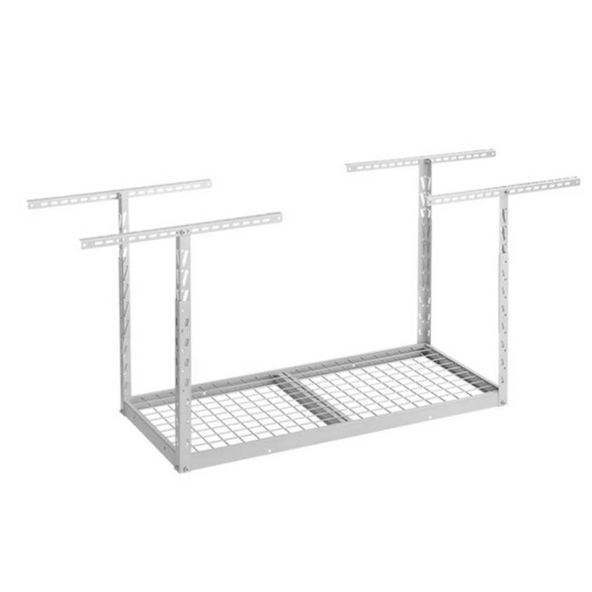 Freestanding steel storage rack with a grid-style shelf, adjustable height support beams, and a weight capacity of 250 lbs per shelf.