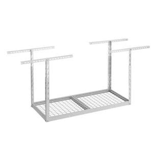 Freestanding steel storage rack with a grid-style shelf, adjustable height support beams, and a weight capacity of 250 lbs per shelf.