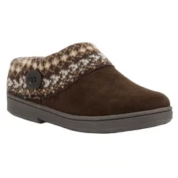 A brown slip-on clog slipper with a knitted patterned trim, a button detail, and a sturdy sole designed for comfort and indoor use.