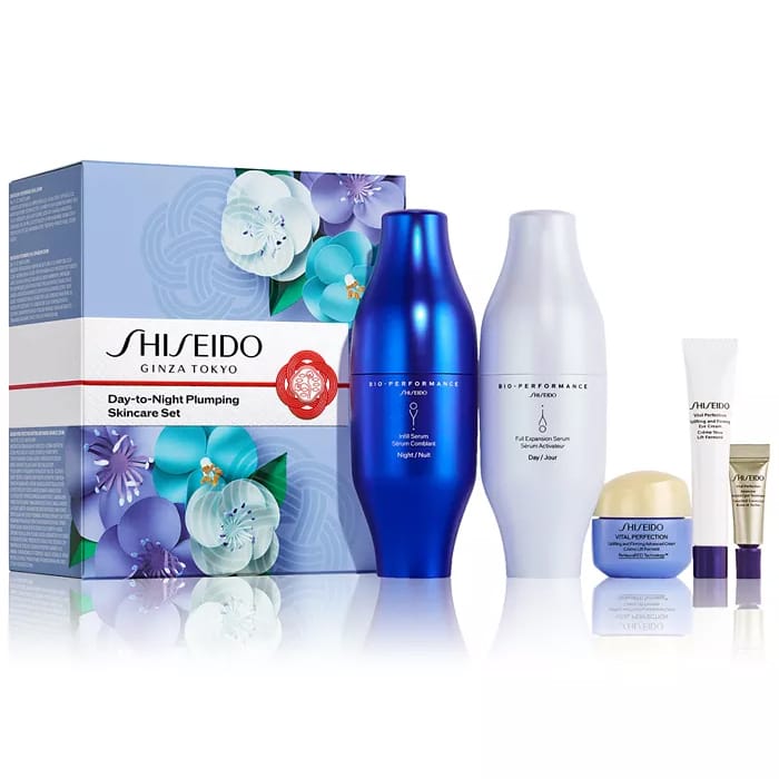 Shiseido's Day-to-Night Plumping Skincare Set includes Bio-Performance LiftDynamic Serum for night, Full Expansion Serum for day, Vital Perfection Uplifting and Firming Cream, Eye Cream, and a mini treatment.