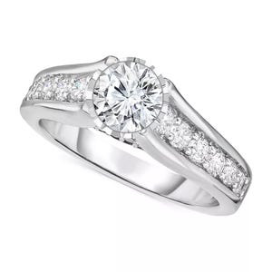 A cathedral-style engagement ring featuring a 1.5-carat round diamond at the center, set in a polished metal band with channel-set smaller diamonds enhancing the sides.