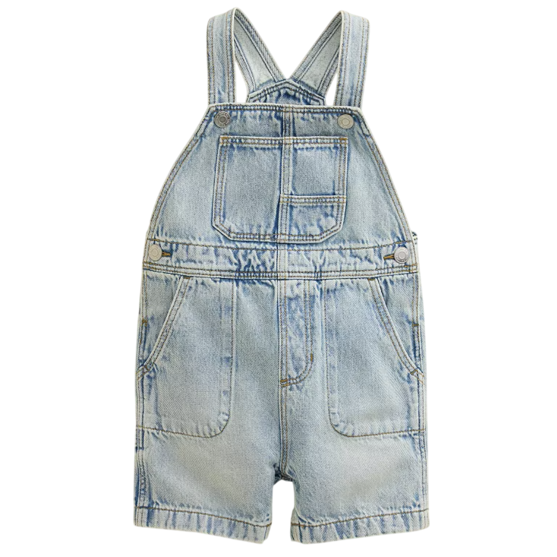 Light blue denim overalls with adjustable straps and a front pocket, featuring a slightly worn look.