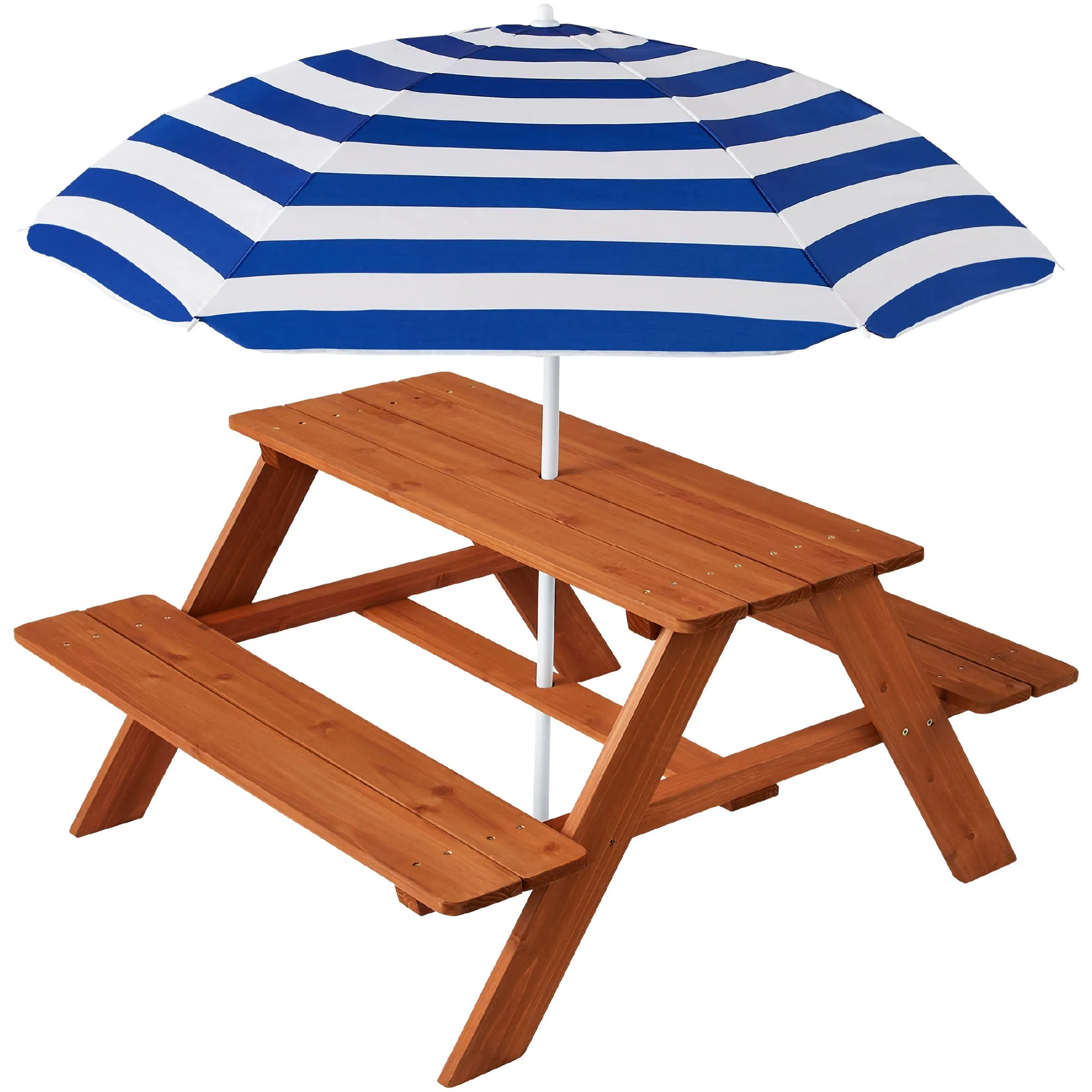 A wooden kids' picnic table with attached benches and a matching blue and white striped umbrella providing shade.