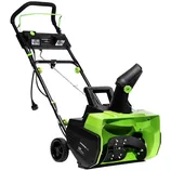 A green and black electric snow blower with a handle, wheels, and an adjustable chute.