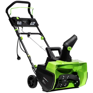 A green and black electric snow blower with a handle, wheels, and an adjustable chute.