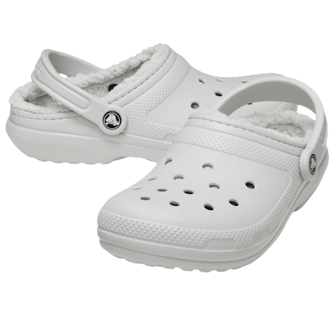 A pair of white, fleece-lined clogs with adjustable heel straps and ventilation holes.