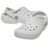 A pair of white, fleece-lined clogs with adjustable heel straps and ventilation holes.