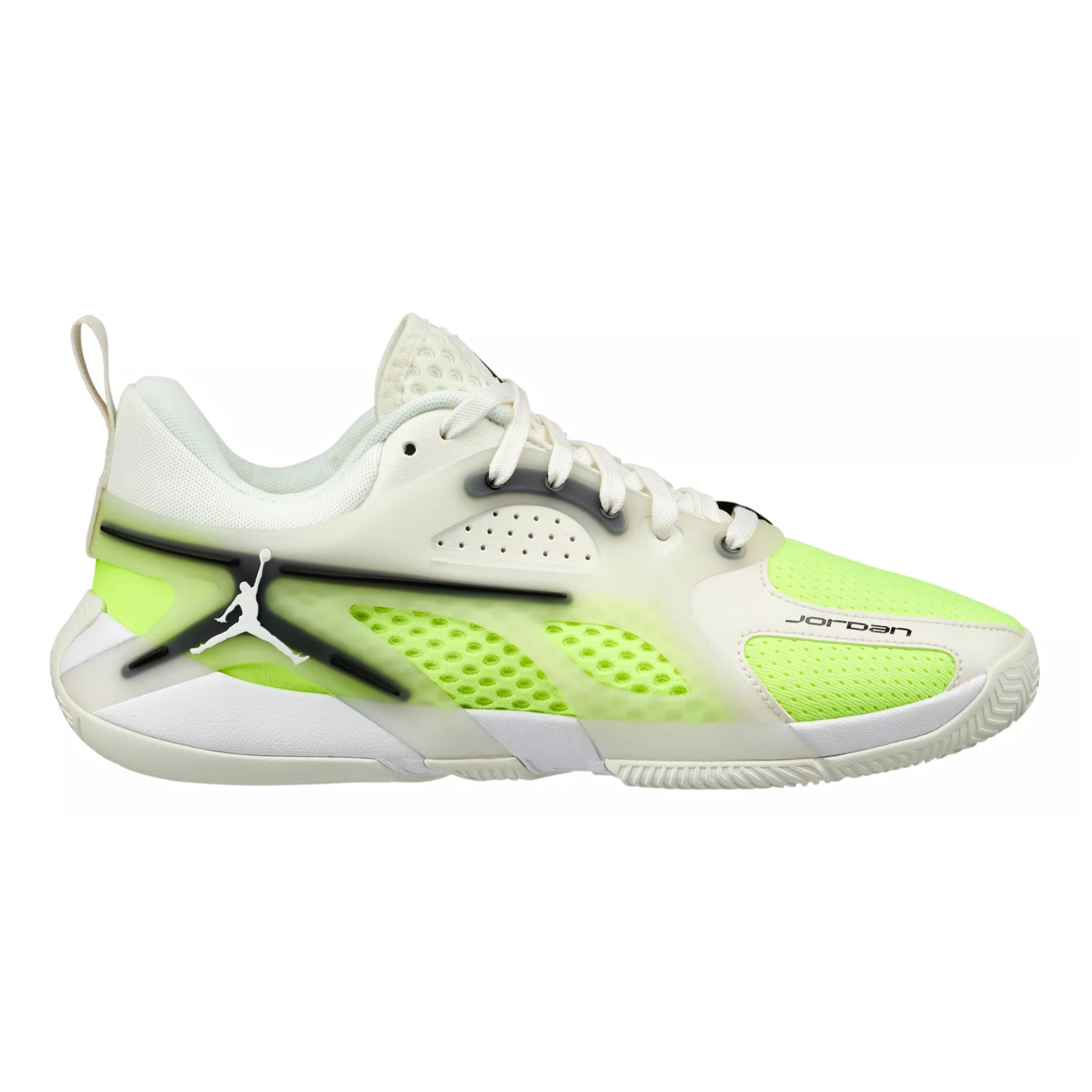 White and neon green Jordan sneakers with a mesh design, featuring a black overlay and Jumpman logo on the side.