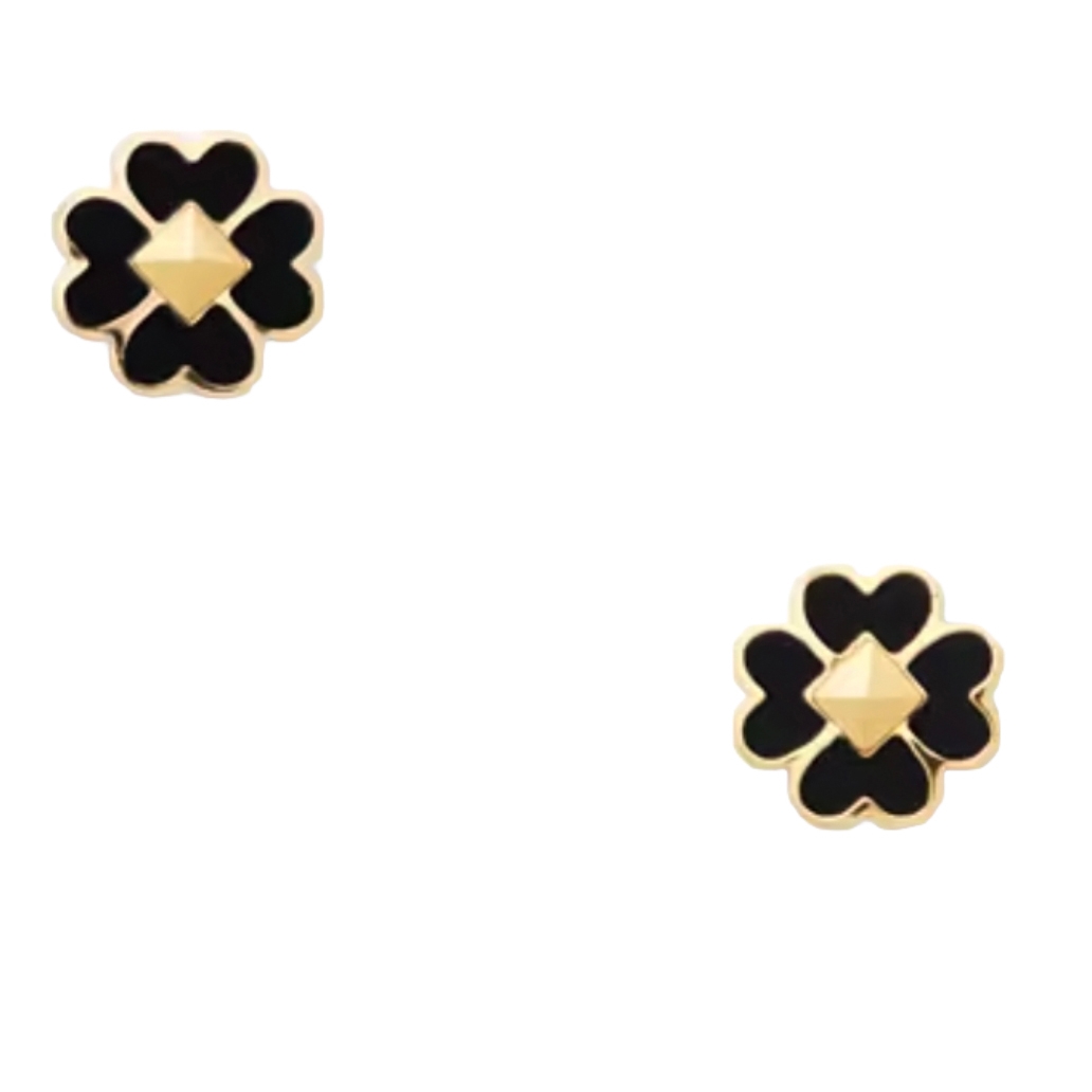 Gold and black stud earrings in a clover shape with heart-shaped petals and a pyramid center.