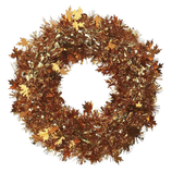 A gold and bronze metallic tinsel wreath adorned with leaf-shaped embellishments, suitable for seasonal decoration.