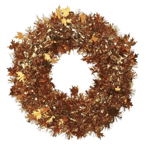 A gold and bronze metallic tinsel wreath adorned with leaf-shaped embellishments, suitable for seasonal decoration.
