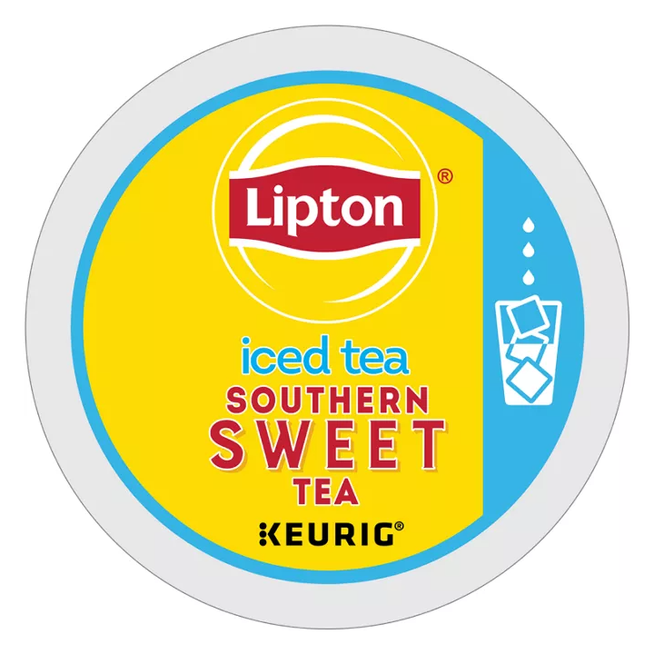 Lipton Southern Sweet Iced Tea K-Cups are designed for Keurig machines, offering a convenient way to brew sweet iced tea. The packaging is bright yellow with blue accents and includes the Lipton logo.