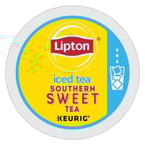 Lipton Southern Sweet Iced Tea K-Cups are designed for Keurig machines, offering a convenient way to brew sweet iced tea. The packaging is bright yellow with blue accents and includes the Lipton logo.