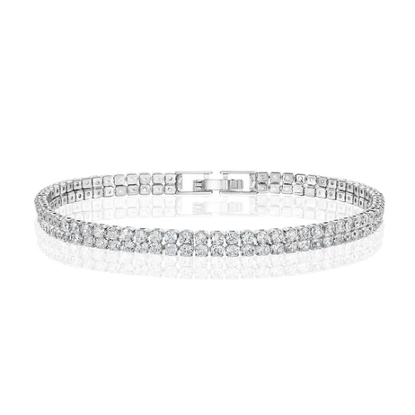 A sparkling silver bracelet adorned with two rows of diamond-like stones, featuring a clasp closure.