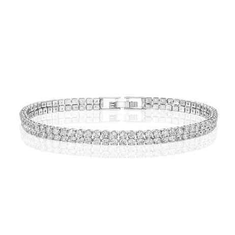 A sparkling silver bracelet adorned with two rows of diamond-like stones, featuring a clasp closure.